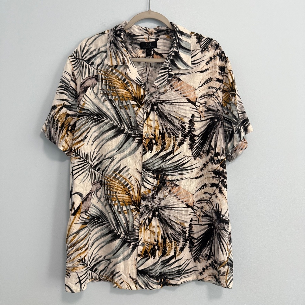 Magaschoni Men’s Short Sleeve Linen Bland Palm‎ Print Shirt Size XL